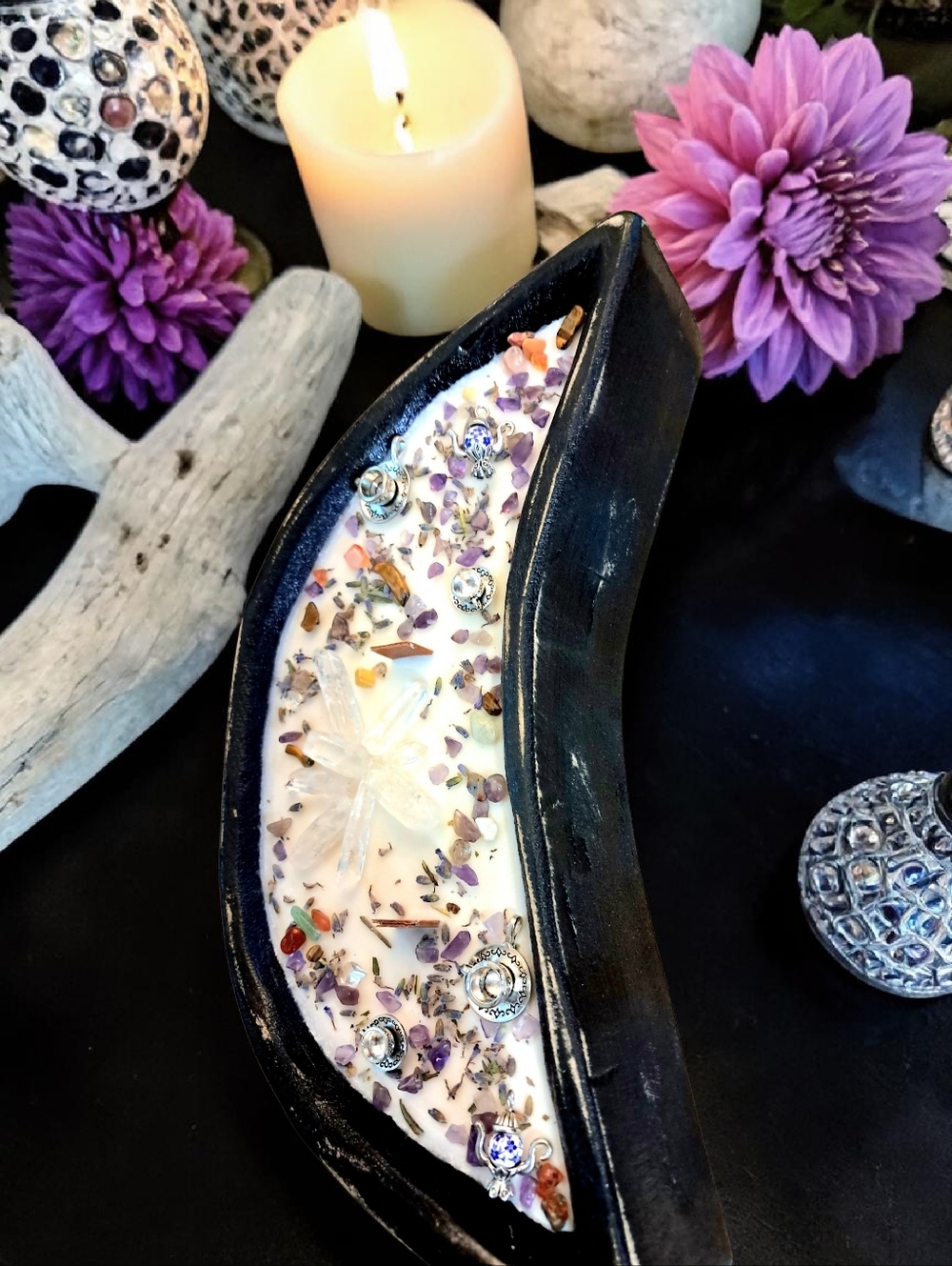 Hand Crafted , Wicked Worthy Wax, Crystal Tea Party wooden moon candle - Picture 3 of 5